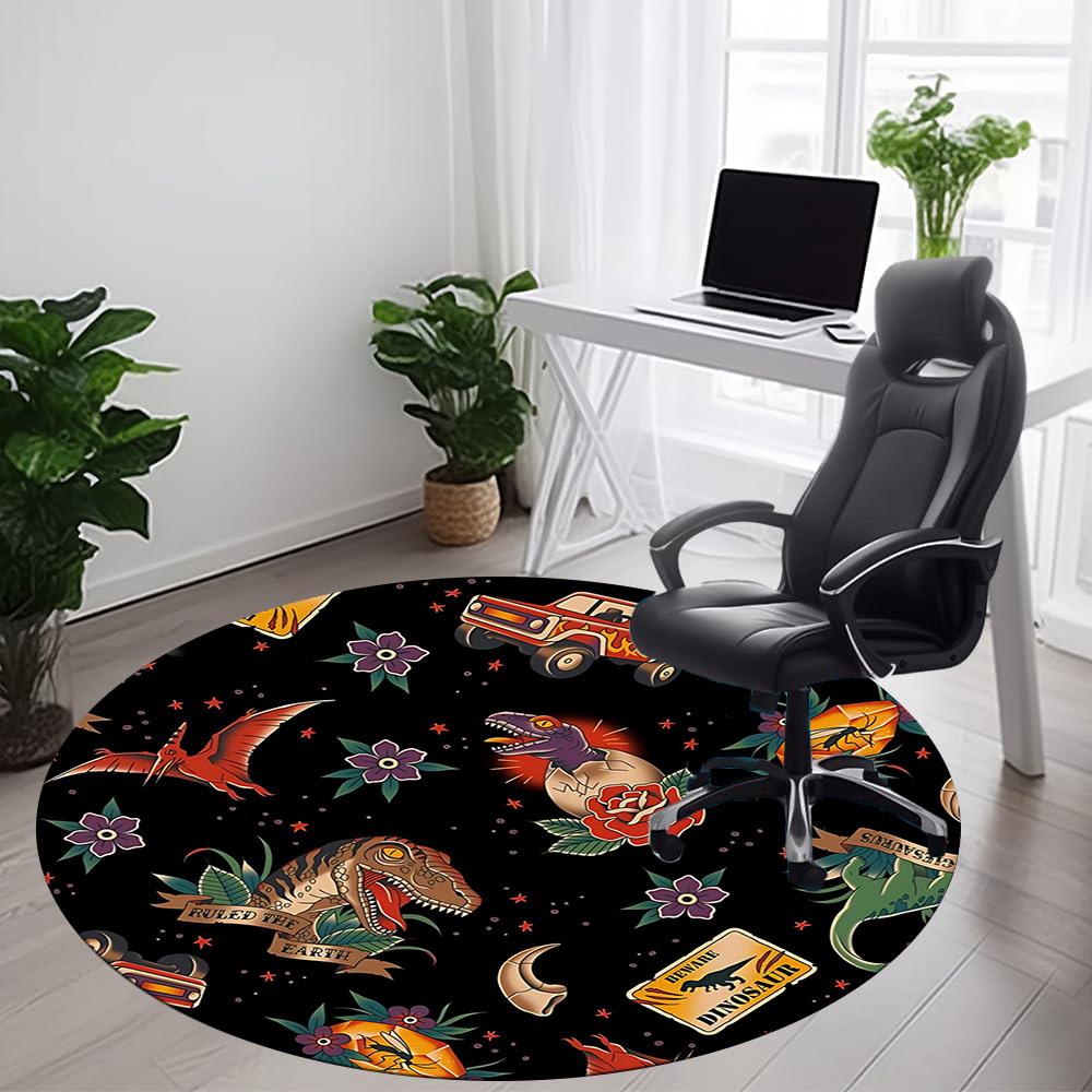1PC Dinosaur Floral Office Round Area Rug, Mat Suitable For Office, Under Office Chairs Bedroom Living Room Home Decor, Room Deco