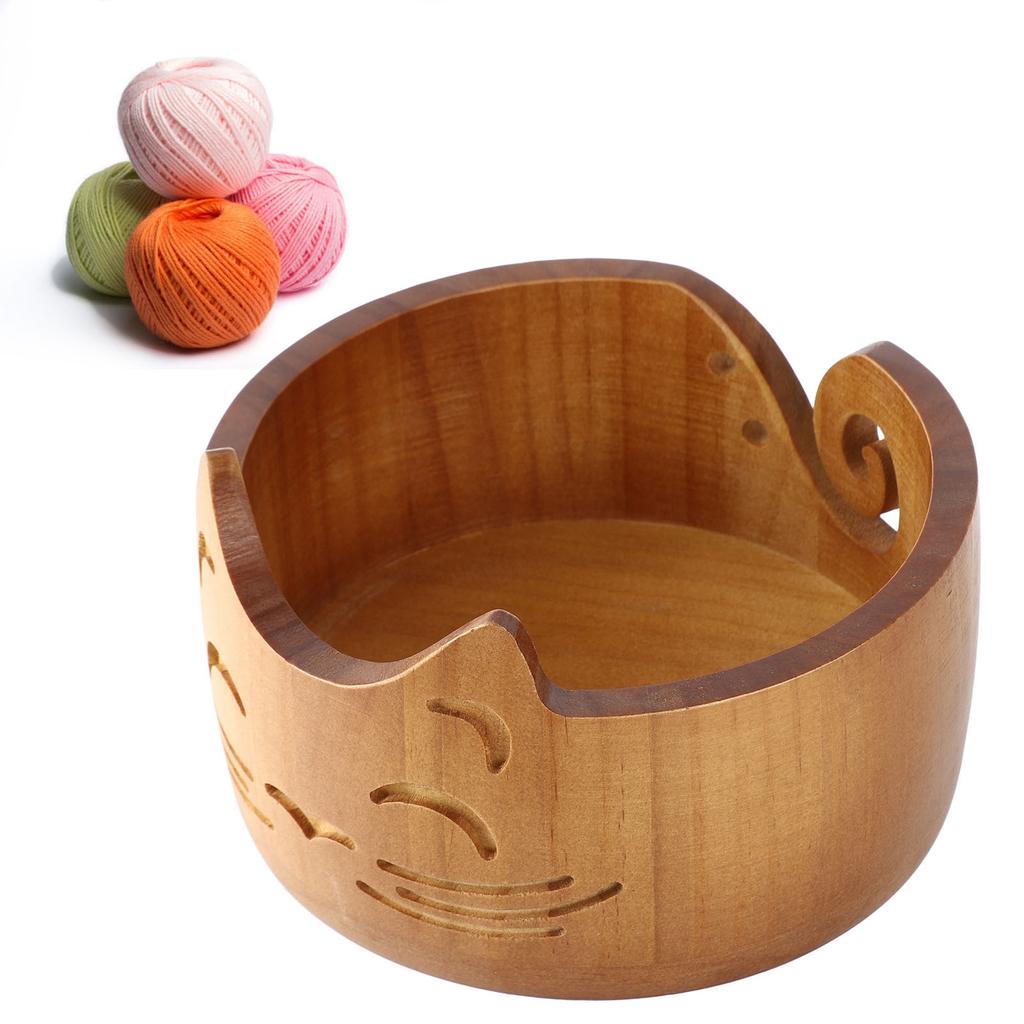 Yarn Bowl Wooden Cute Cat Shape Holder Dispenser Crochet Storage Supplies