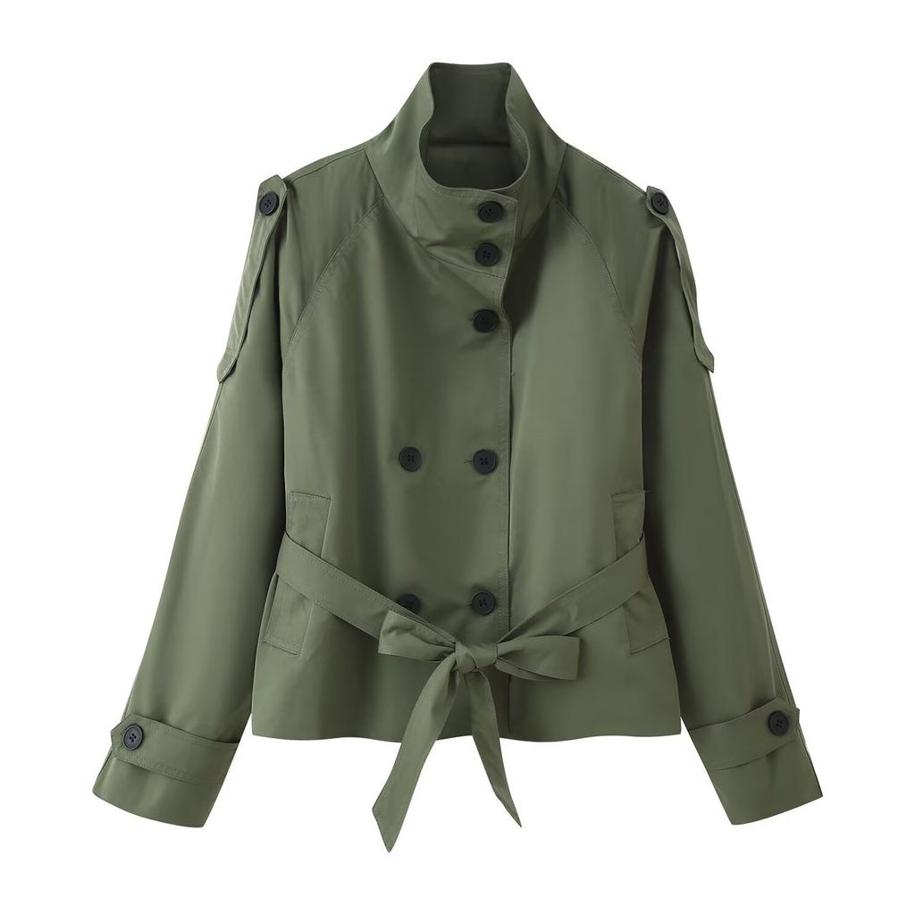 Women's Cropped Trench Coat Double Breasted Short Jacket High Collar Fall Winter Coats Trendy Outfit With Belt