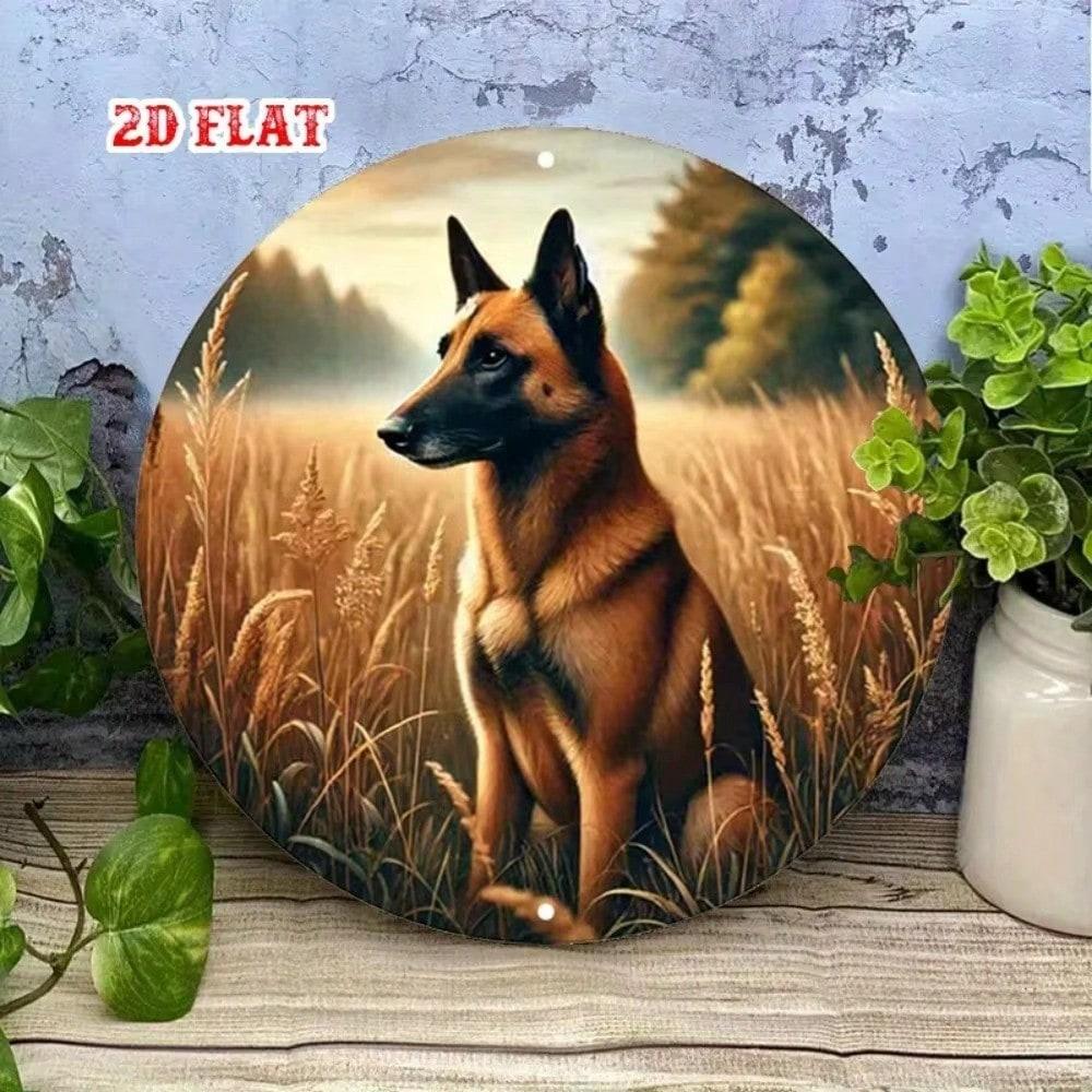2D Flat Metal Round Wall Art Sign, Nature Landscape with Dog Art Print, Modern Home Cafe Decor, Scandinavian Style