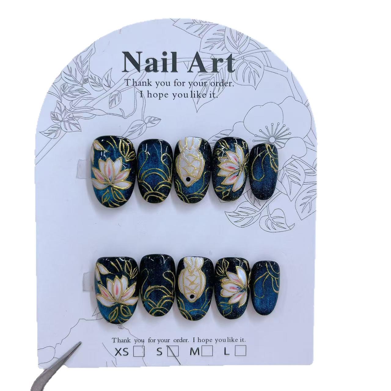 Jia Zhi Mu Green Cat Eye Hand-Painted Lotus Fish Enamel Cloisonné Nail Art Stickers Small