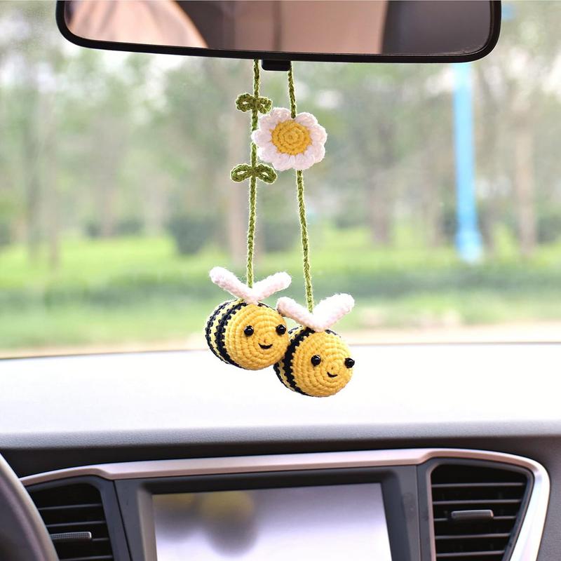 Knitted Bee Car Ornament Bee Handmade Crochet Car Ornament Woven Bee Rearview Glass Charm Car Accessories For Bee Lovers Decor