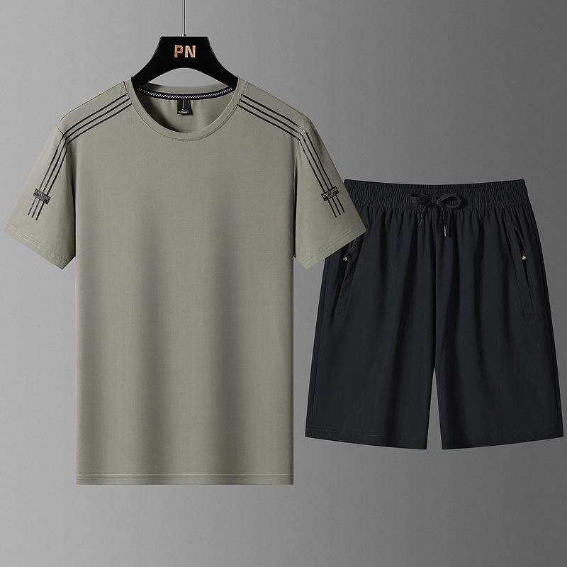 Extra Large Summer Sports Suit Men's Ice Silk Thin Short Sleeved Men's Shorts Quick Drying Handsome Two-piece Set