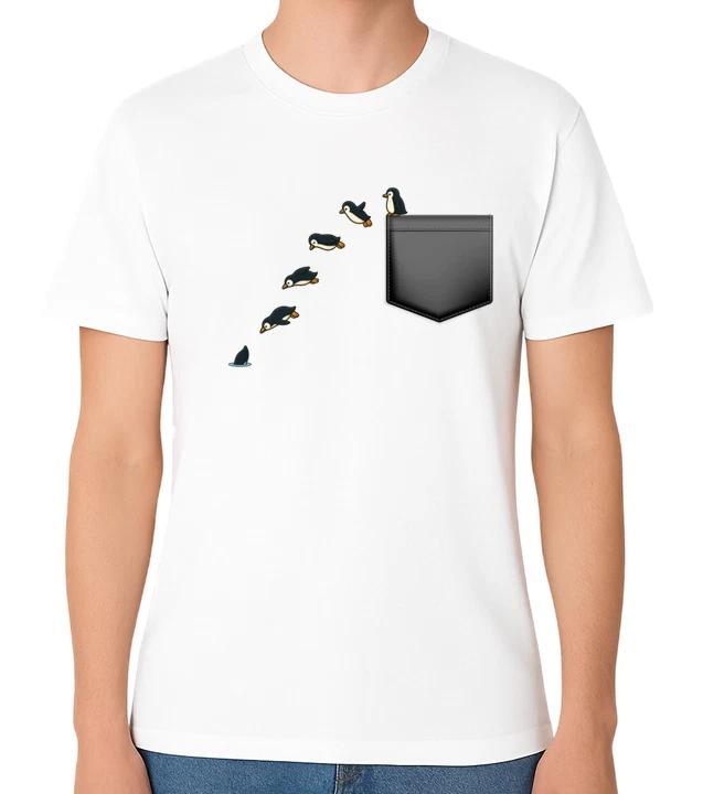 Penguin Jumping Off A Fake Crest Pocket Funny Minimal Unisex Graphic T-Shirt XL