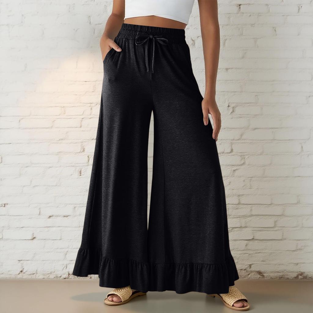 Women’s Casual Loose Fit Drawstring Elastic Waist Wide Leg Pants with Ruffle Hem and Relaxed Flowy Silhouette for Everyday Wear