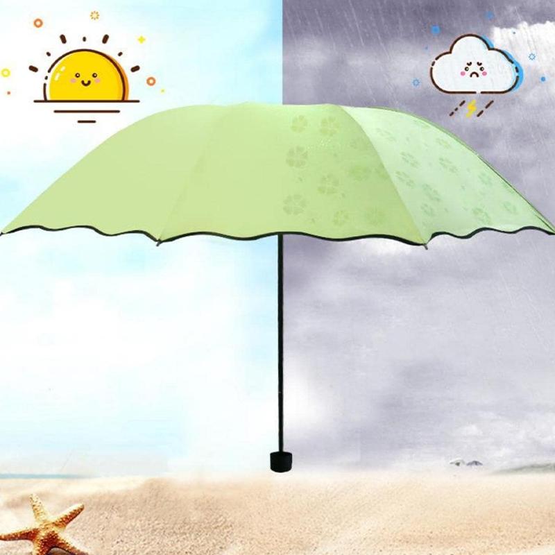Kreativer tragbarer, blühender, sonniger Regenschirm, wenn er Wasser ausgesetzt ist. Vollständiger Regenschirm, sonniger, regnerischer Regenschirm mit doppeltem Verwendungszweck, UV-Schutz, Sonnenschirm für Damen