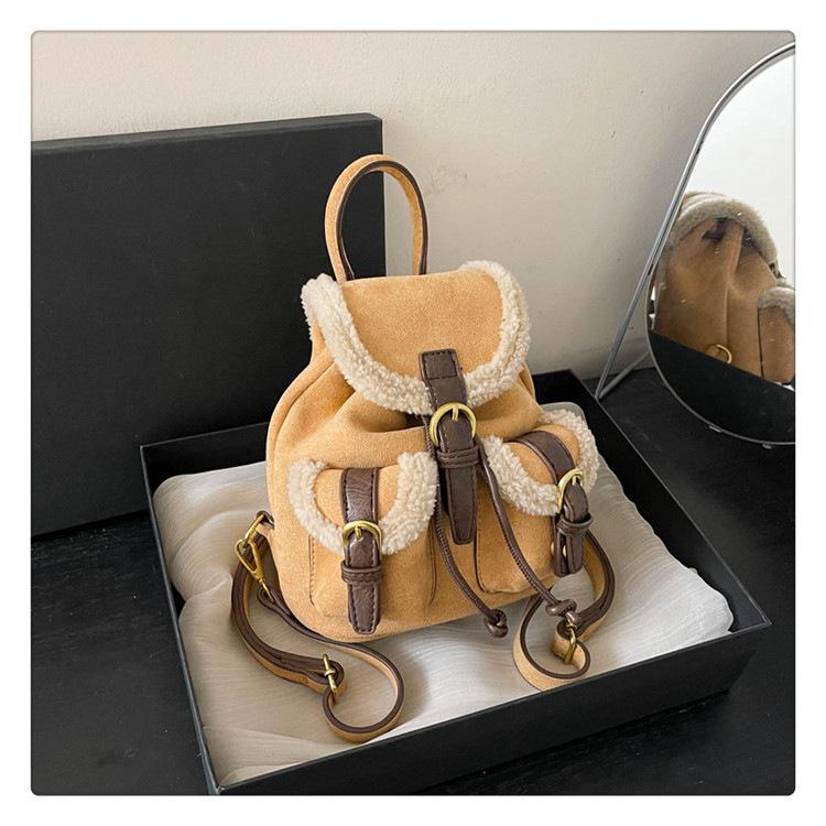 2025 Autumn/Winter Women's Retro Lambswool Color Block Handbag Backpack