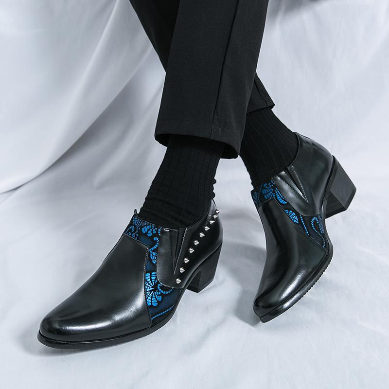 Large size business dress high-heeled leather shoes 2025 spring and autumn new men's thick heel heightened leather shoes pointed leather shoes