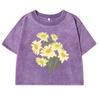 Yellow Flowers Craetive Prints Washed T-Shirt Women Slim Cotton T Shirts Short Sleeve Casual Crop Tops