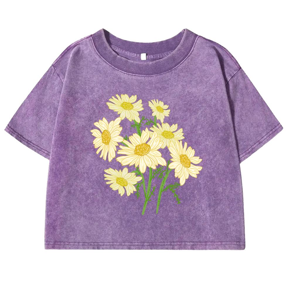 Yellow Flowers Craetive Prints Washed T-Shirt Women Slim Cotton T Shirts Short Sleeve Casual Crop Tops