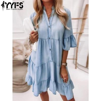 Women's Fashion Summer Spring Solid Color Print 1/2 Sleeves V-Neck Loose Waistline Casual Dresses