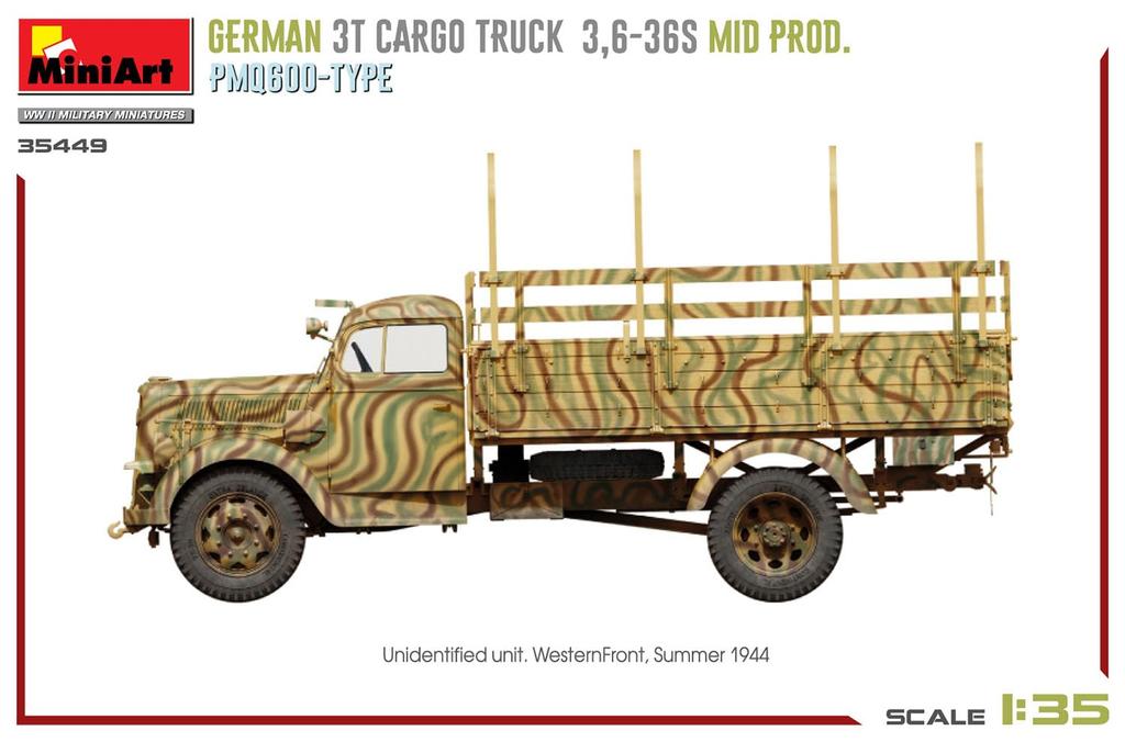 MiniArt German Army Cargo Truck Type PmQ600 Plastic Model Kit MA35449 1/35 WW.II 3-ton 3.6-36S Mid-Production