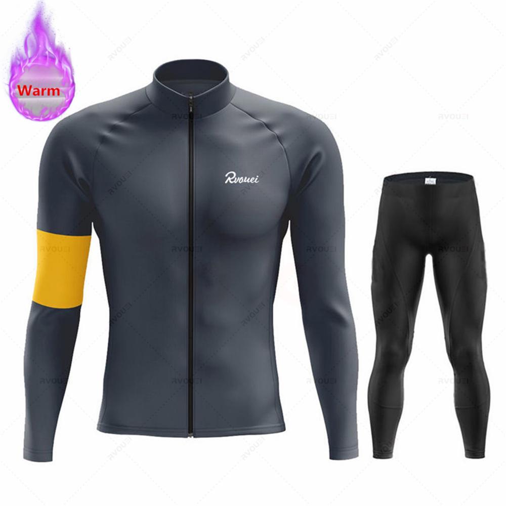 Winter Rvouei Cycling Clothing Men's Thermal Fleece Bicycling Clothing Set Outdoor MTB Bike Bib Pants Ropa Maillot Ciclismo