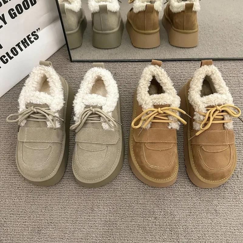 Fashion 2024 New Flat Heel Lace Boots Australia Winter Shoes for Women Plush Round Toe Boots Women Fur Lolita Rubber Ladies 35-40