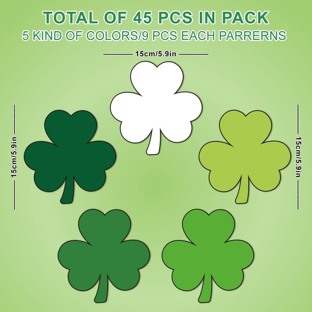 Whaline 45Pcs St. Patrick's Day Shamrock Cutouts 5.9 Inch Gradient Green Clover Shape Cut Outs Large Creative Assorted Paper Cut-Outs for Irish