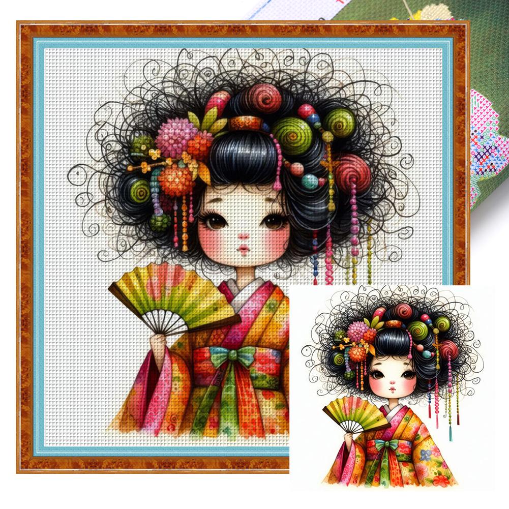 Kit de point de croix Art Broderie complète Fil de coton écologique 11CT Imprimé Geisha