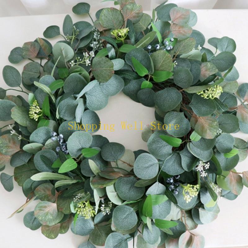KX4B Multipurpose Large Green Leaf Artificial Wreath with Berries Designs for Festival Garden and Party Decorations