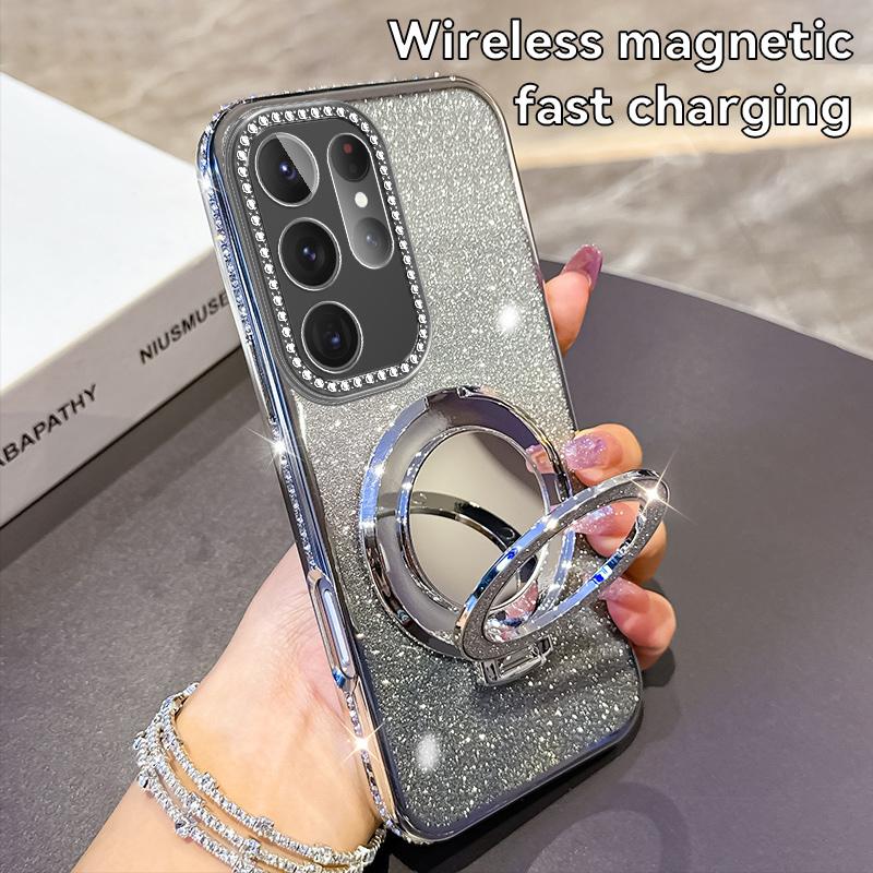 KEYSION Glitter Jewelled Magnetic Phone Case for Samsung Galaxy S25 Ultra 5G S24+ Plus S23 FE Makeup Mirror Stand Shockproof Cover
