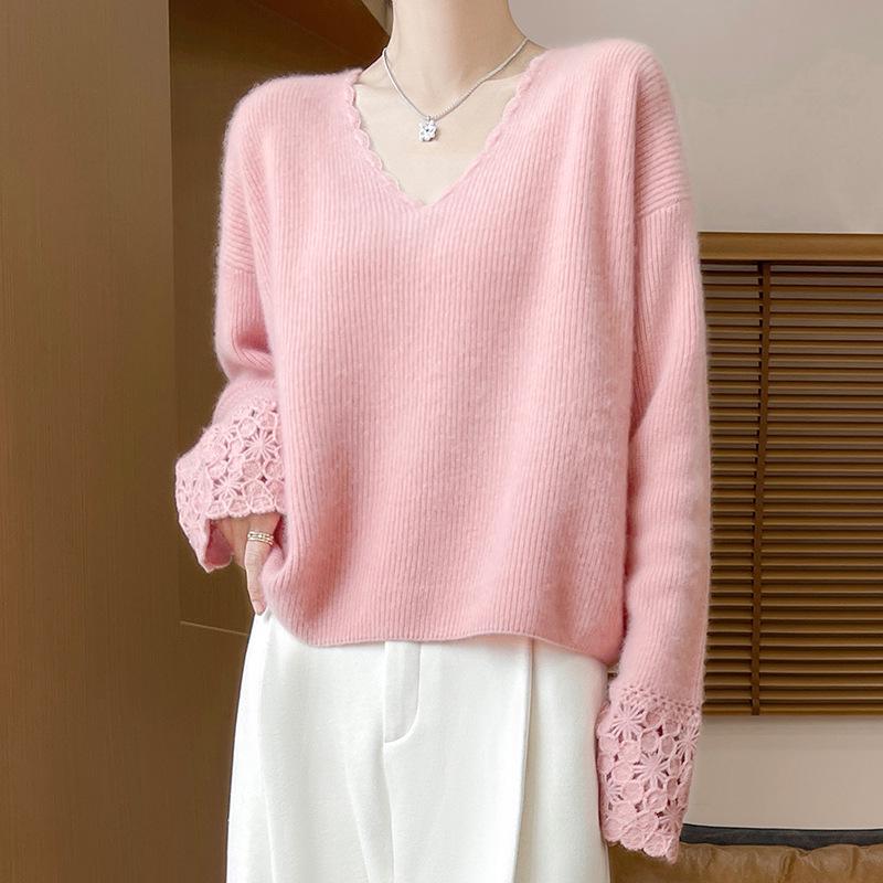 Women's 100% Pure Wool V-Neck Lace Long Sleeve Loose Sweater - Autumn/Winter 2025 Collection