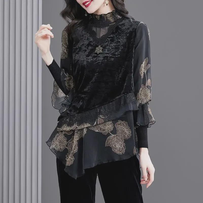 Elegant Velvet Lace Trim Plus Size Women's Top - 2024 Spring Collection