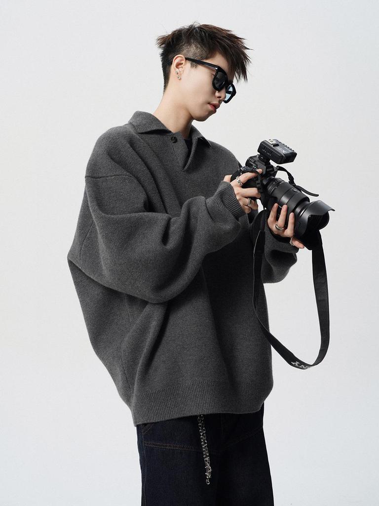 Men's Trendy High-End POLO Collar Sweater - Solid Color Knitwear for Spring & Autumn, Versatile American BF Couple Style