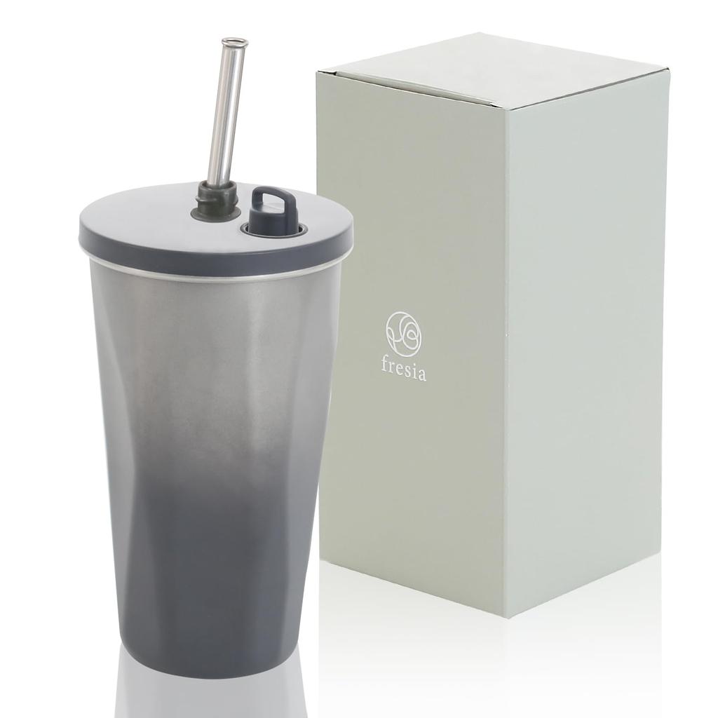 Fresia Tumbler with Straw and Keeps Coffee Cold or Vacuum Large Stylish 600ml Lid, Hot, Spill-Proof, Insulated, Portable, Capacity, Gift, (Black)