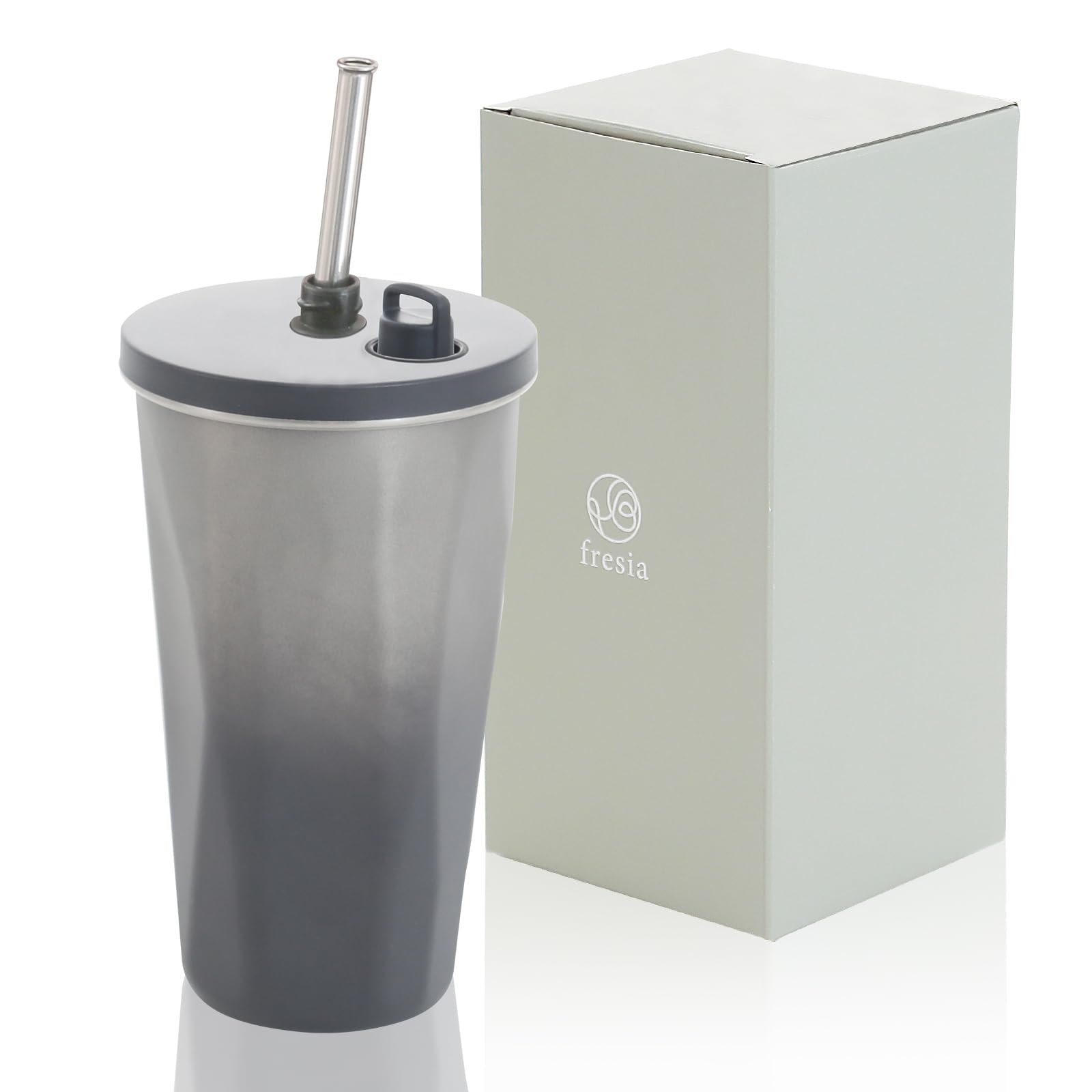 

fresia Tumbler with Straw and Lid, Keeps Coffee Cold or Hot, Spill-Proof, Vacuum Insulated, Portable, Large Capacity, Stylish Gift, 600ml (Black)