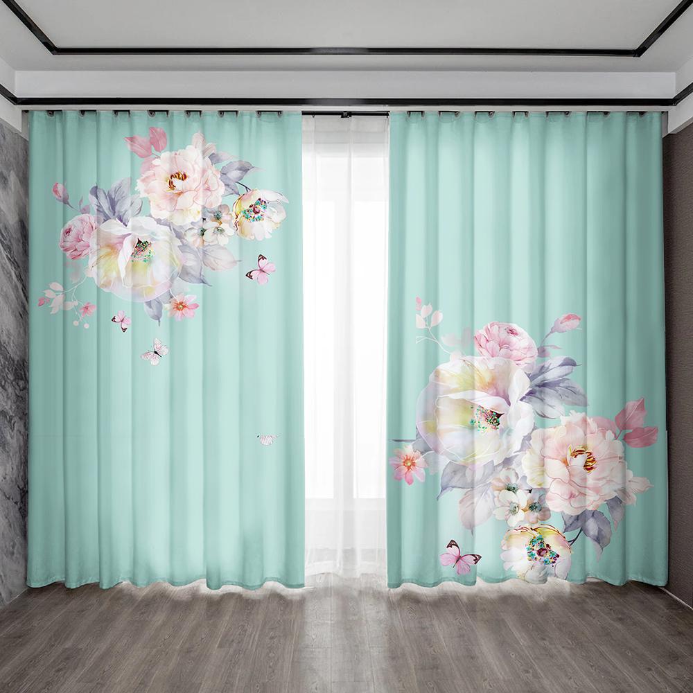 2PC Home Decoration Curtains With Diagonal Flower And Rod Pocket Curtains, Kitchen, Coffee Shop, Living Room, Balcony, Garden
