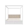 Cama com Dossel 140x200cm com Gavetas Grandes e Cabeceira Macia, Cama de Quatro Postes, Cama de Madeira Branca, Forte Capacidade de Carga