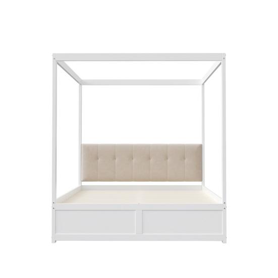 Cama com Dossel 140x200cm com Gavetas Grandes e Cabeceira Macia, Cama de Quatro Postes, Cama de Madeira Branca, Forte Capacidade de Carga
