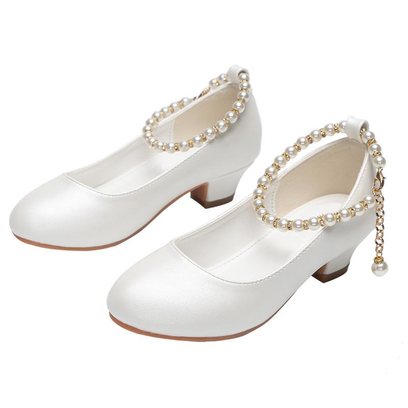 Girls' High-heeled Leather Shoes Spring Children's High-heeled Middle-aged Kid's White Wedding Host Show Princess Dress Shoes