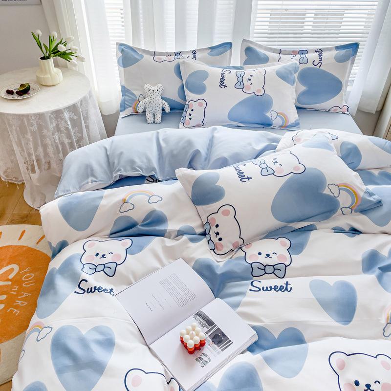 INS Double-sided Availability Pink Blue Cute Cat And Rabbit Bedding Set Duvet Cover Sheets With Pillowcases Full Size Bedroom