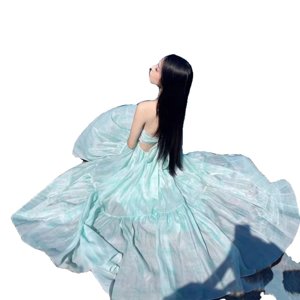 Mint Mambo Seaside Resort Atmosphere Beach Dress Design Sense Neck Dress Fairy Temperament Swing Skirt