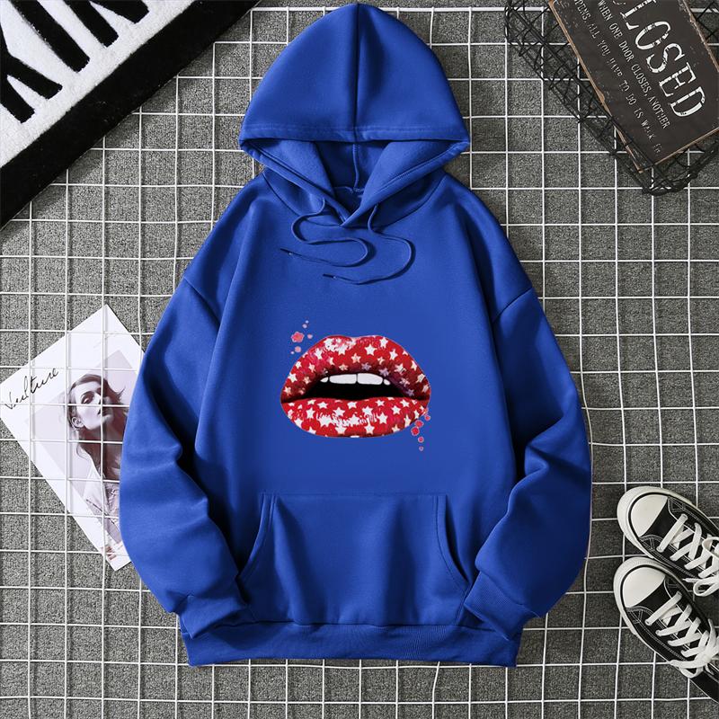 Loose Long Sleeve Women's Hoodie Lip Print Trendy plus Size Cross-Border Pattern Crew Neck Regular Length Girl Style