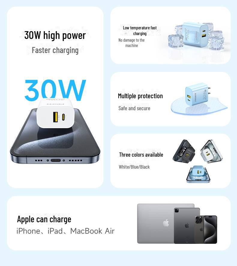 PISEN 30W Dual Port Charger for Apple 14Plus, PD Fast Charging Universal Adapter