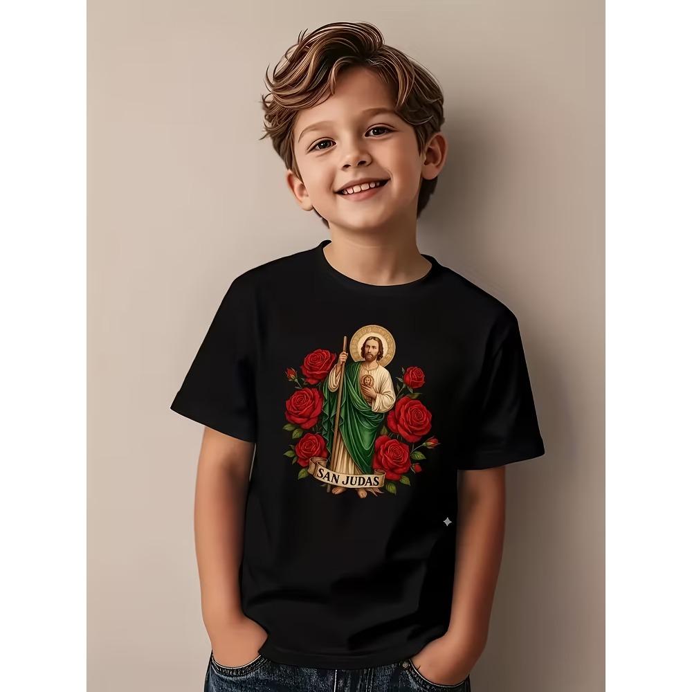Summer New Red Rose Saint Judas Funny Print Boys Girls Clothes Cotton Casual Childrens Tshirt Fashion Kids Short Sleeved Shirt