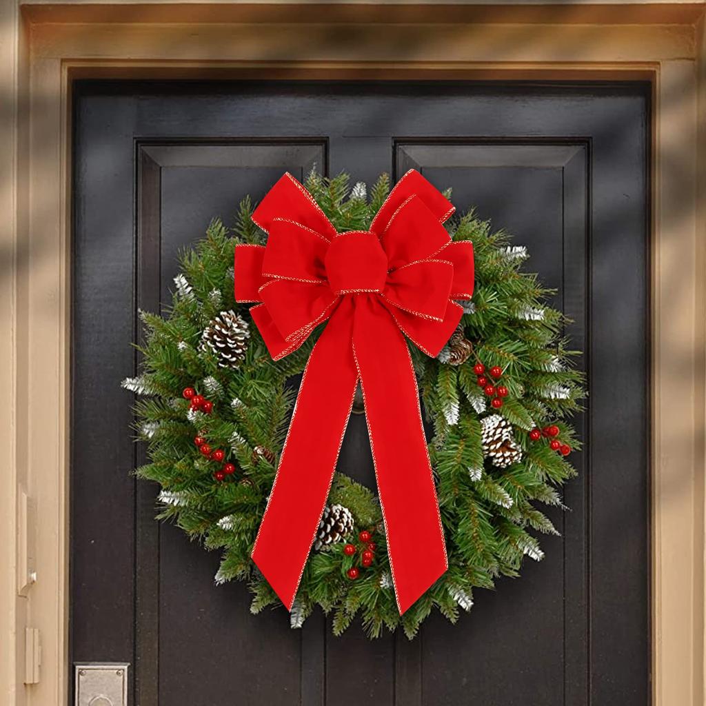 Red Christmas Bows Outdoor Decorations Large Christmas Tree Top Bow Wreath With Glitter Gold Edge For Xmas Home Front Door Decor