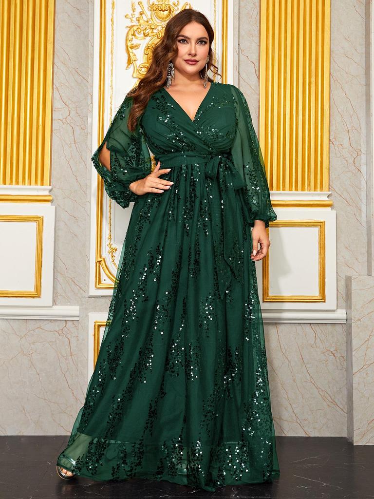 Damen Übergröße Pailletten Blumen Abendkleid mit Laternenärmeln und V-Ausschnitt