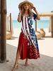 American Flag Flower Pattern Slim Long Dress V-neck Short Sleeve Side Split Hanging Loose Medium and Long Dress