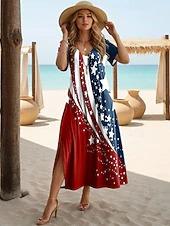 American Flag Flower Pattern Slim Long Dress V-neck Short Sleeve Side Split Hanging Loose Medium and Long Dress