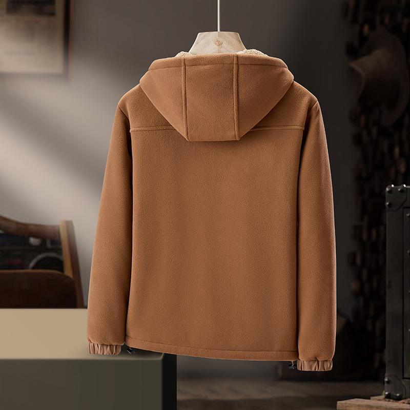 Casual Heavyweight Fleece Hooded Jacket with Lamb Fleece Lining for Autumn and Winter