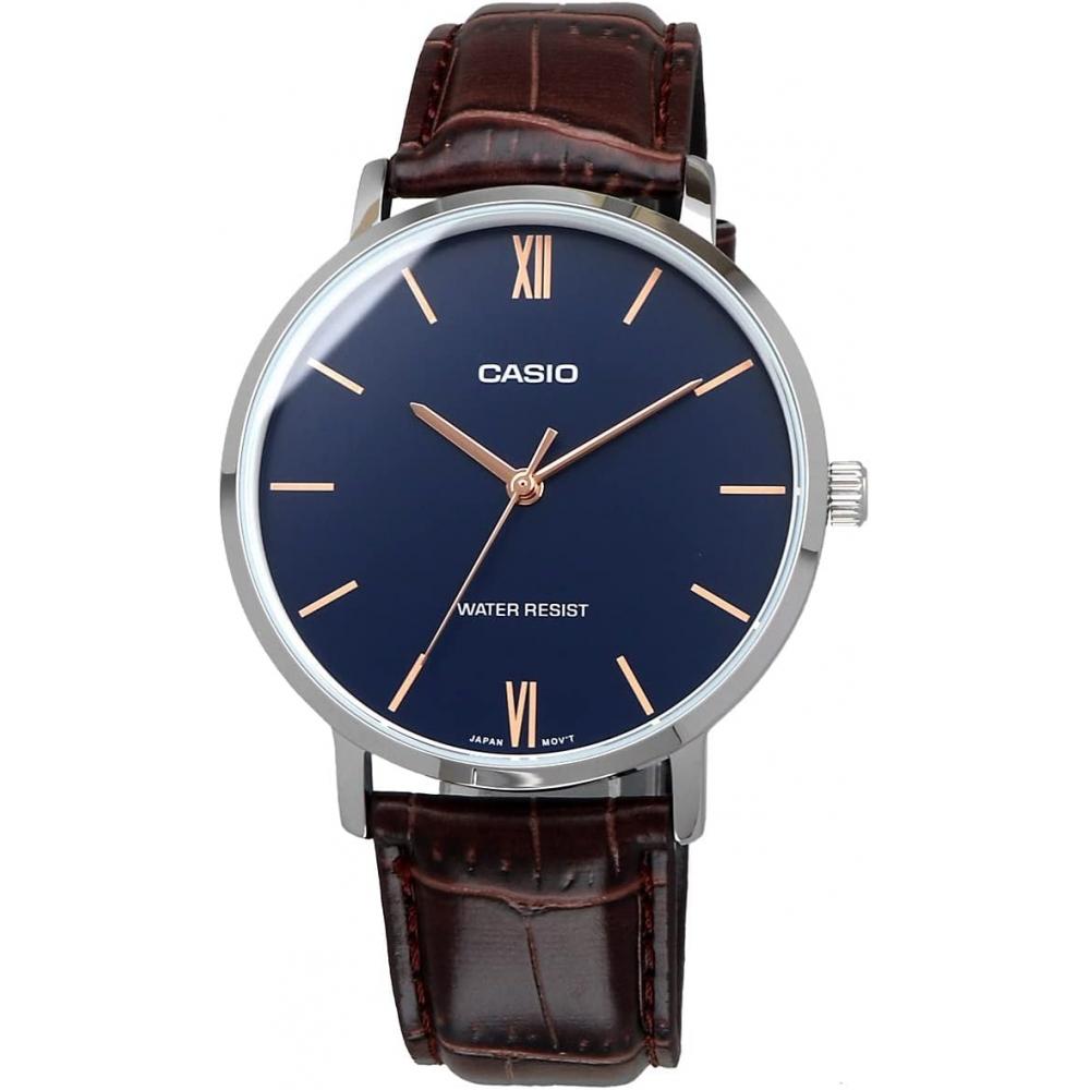 CaSio Men S Quartz Watch Navy Brown Leather Mtp Vt01l 2b