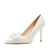 Women Lace Bow Tie Stiletto Heel Pearl Wedding Shoes Bride Thin High Heels White Pumps Pointed Toe Dress Party Shoes