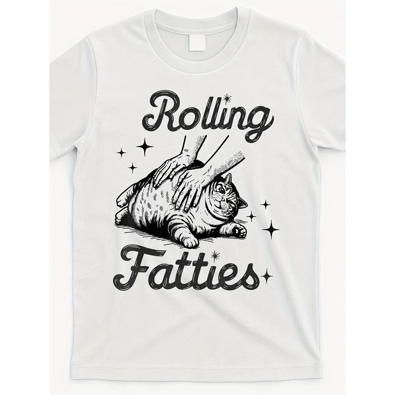 Европейские размеры Смешная винтажная футболка  Rolling Fatties Cat  для мужчин и женщин - Белая с черным текстом и рисунком кота S