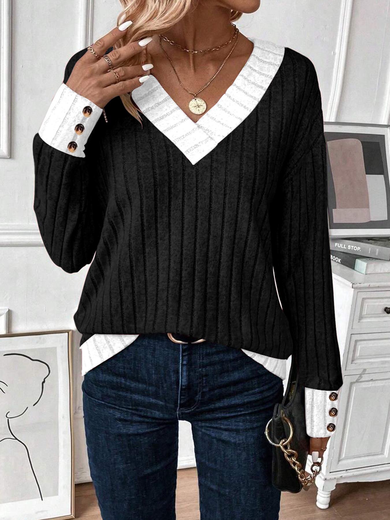 2026 Spring Autumn Women s Casual V-neck Solid Patchwork Long Sleeve Extra Large чёрный