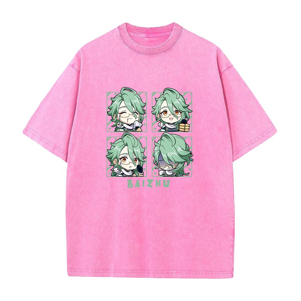 

Hot Game Genshin Impact Baizhu Printed Tshirt Men Women Aesthetic Tshirts Vintage Washed T Shirt Harajuku Male Cotton Tops S