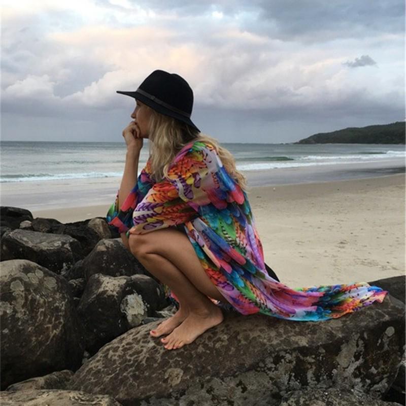 Chiffon Feather Print Beach Cover-up Cardigan