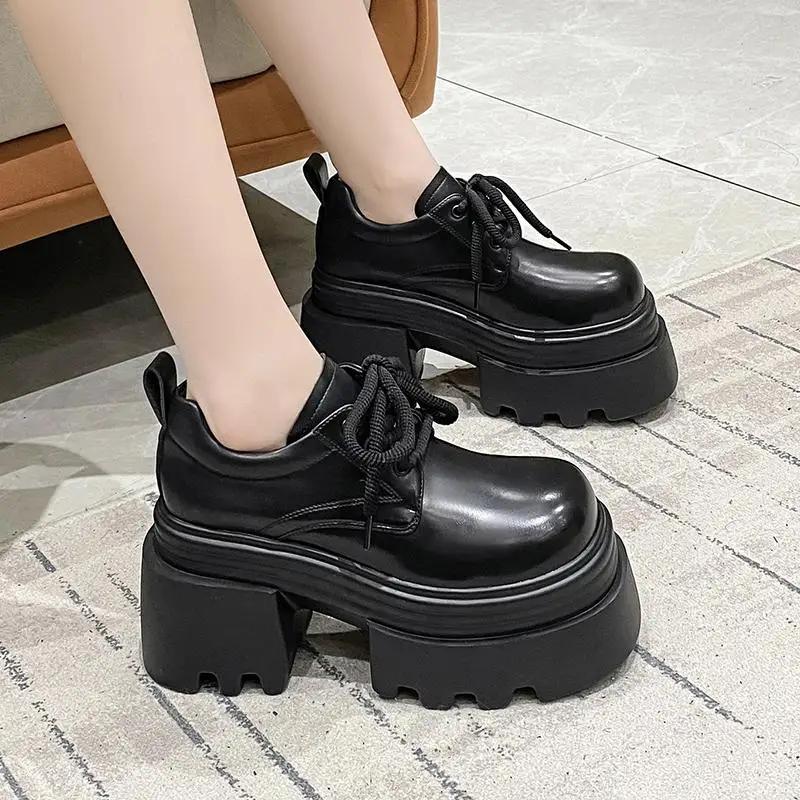 New 2025 Spring Women Platform Casual Shoes Loafers Lace-up Chunky Sneakers 10CM High Heels British Thick Bottoms Leather Shoes