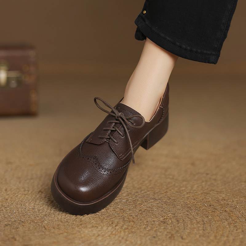 Krazing Pot Sheepskin Autumn Winter Shoes Chunky Heels Size 43 Size 42 Round Toe Lace Up Deep Mouth Pumps