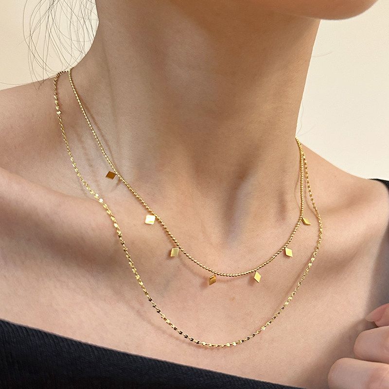 

Fashion Style Double Layer Diamond-Shaped Sequins Twin Necklace Female Special Interest Light Luxury Classy Stylish Clavicle Chain Neck Chain Double Layer Rhombus Necklace